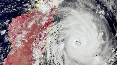 A satellite image shows Cyclone Batsirai heading towards Madagascar on February 4. (Reuters Photo)