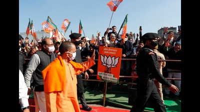 Chief minister Yogi Adityanath arrives to address an election rally in Shamli on Saturday. (Agency) Chief minister Yogi Adityanath arrives to address an election rally in Shamli on Saturday. (Agency)