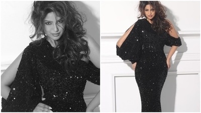 Harnaaz teamed the shimmery black gown with messy open tresses styled with curled ends. Additionally, the star ditched jewellery with the heavily embellished ensemble, and opted for smoky eye shadow, winged eyeliner, mauve lip shade, blushed cheeks and dewy palette make-up for the glam picks. (Instagram/@fadilberishaphotography) Harnaaz teamed the shimmery black gown with messy open tresses styled with curled ends. Additionally, the star ditched jewellery with the heavily embellished ensemble, and opted for smoky eye shadow, winged eyeliner, mauve lip shade, blushed cheeks and dewy palette make-up for the glam picks. (Instagram/@fadilberishaphotography)