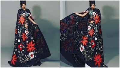 Harnaaz's outfit for the second photoshoot features a sleeveless floor-grazing ensemble. It came in a black see-through fabric adorned with floral applique work, thread embroidery, beaded embellishments and sequins. (Instagram/@fadilberishaphotography) Harnaaz's outfit for the second photoshoot features a sleeveless floor-grazing ensemble. It came in a black see-through fabric adorned with floral applique work, thread embroidery, beaded embellishments and sequins. (Instagram/@fadilberishaphotography)