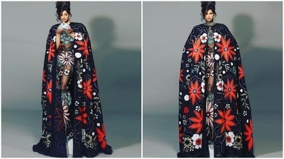 The figure-sculpting silhouette of the see-through dress accentuated Harnaaz's frame perfectly. She wore the ensemble with pumps and ditched any other accessory and jewellery, considering the OTT (over the top) work done on it. (Instagram/@fadilberishaphotography) The figure-sculpting silhouette of the see-through dress accentuated Harnaaz's frame perfectly. She wore the ensemble with pumps and ditched any other accessory and jewellery, considering the OTT (over the top) work done on it. (Instagram/@fadilberishaphotography)