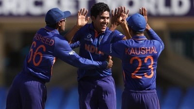 Raj Bawa claims a five-for in the U-19 World Cup 2022 final against England (Twitter/cricketworldcup) Raj Bawa claims a five-for in the U-19 World Cup 2022 final against England (Twitter/cricketworldcup)