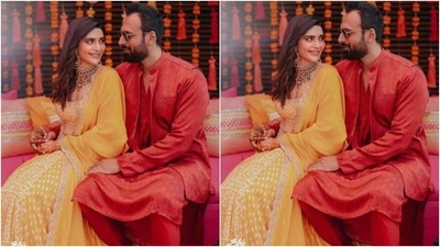 Karishma's partner Varun complemented his bride-to-be in a red printed kurta and teamed it with red pants and a matching bandhgala jacket. He styled his ensemble with black dress shoes, aviator sunglasses, groomed beard and a back-swept hairdo. (Instagram/@karishmaktanna)