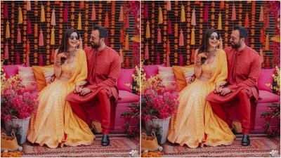 The lehenga skirt features a similar bandhani print as the blouse, gold embroidery on the waistline, red piping on the hem and a tassel-adorned side tie. Karishma wore the lehenga with an organza silk dupatta adorned with scalloped gold embroidered borders. (Instagram/@karishmaktanna)