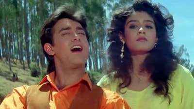 Raveena Tandon and Aamir Khan in a still from Andaz Apna Apna.