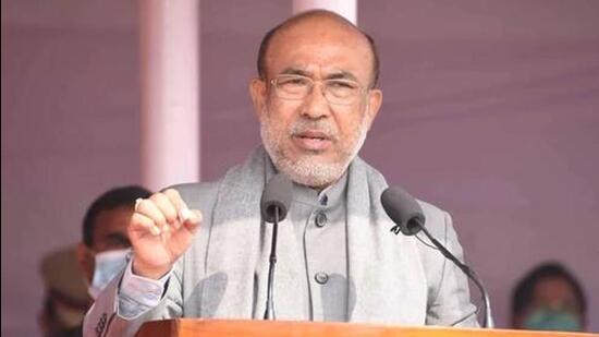 Manipur Chief Minister N Biren Singh was accompanied by BJP Manipur president Adhikarimayum Sharda Devi while filing his nomination paper at the returning officer’s office at Heingang in Imphal East district. (HT PHOTO.) Manipur Chief Minister N Biren Singh was accompanied by BJP Manipur president Adhikarimayum Sharda Devi while filing his nomination paper at the returning officer’s office at Heingang in Imphal East district. (HT PHOTO.)