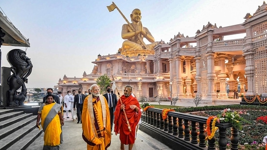 Prime Minister Narendra Modi during the unveiling of the 'Statue of Equality, a 216-foot tall statue of 11th-century saint Ramanujacharya, in Hyderabad.(PTI)