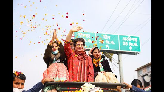 Priyanka during campaigning in Iglas, Aligarh. (HT Photo)