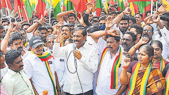A protest demonstration was meanwhile against the Raj Bhavan returning the anti-NEET Bill. (PTI) A protest demonstration was meanwhile against the Raj Bhavan returning the anti-NEET Bill. (PTI)
