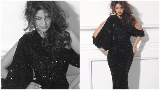 Harnaaz teamed the shimmery black gown with messy open tresses styled with curled ends. Additionally, the star ditched jewellery with the heavily embellished ensemble, and opted for smoky eye shadow, winged eyeliner, mauve lip shade, blushed cheeks and dewy palette make-up for the glam picks.(Instagram/@fadilberishaphotography)