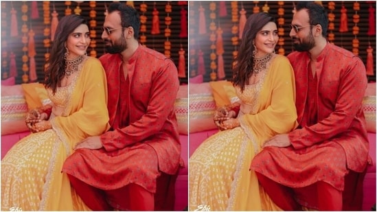 Karishma's partner Varun complemented his bride-to-be in a red printed kurta and teamed it with red pants and a matching bandhgala jacket. He styled his ensemble with black dress shoes, aviator sunglasses, groomed beard and a back-swept hairdo.(Instagram/@karishmaktanna)