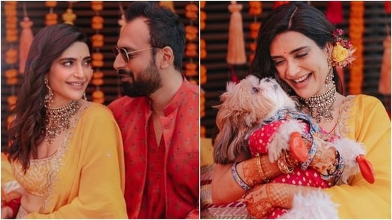 Actor Karishma Tanna is all set to tie the knot with businessman Varun Bangera on Saturday (February 5). After giving a sneak peek of her Haldi ceremony, the star took to Instagram to share pictures from her Mehendi ceremony with fans on social media. The happy bride-to-be and her groom glowed in themed ensembles for the ceremony. Here's a detailed look at what the couple wore for enjoying the wedding festivities.(Instagram/@karishmaktanna)