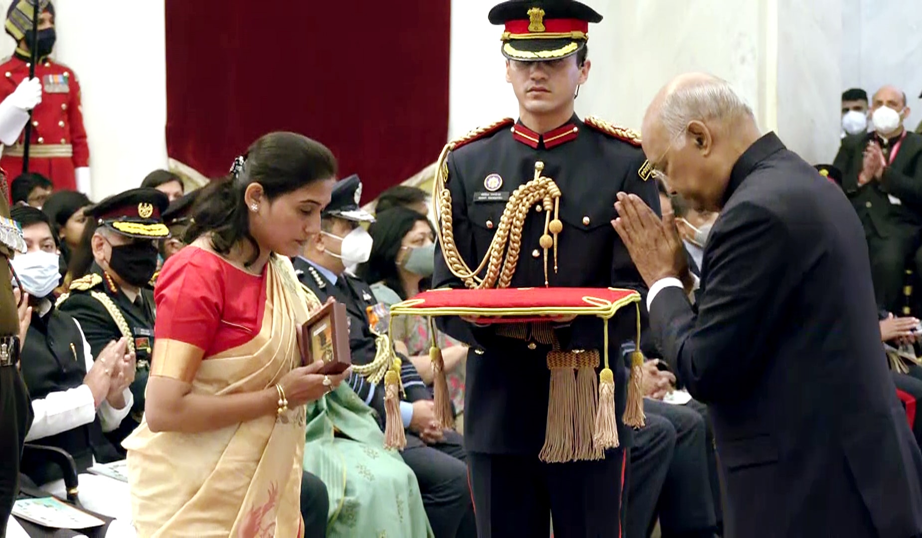 President Ram Nath Kovind greets while presenting Vir Chakra to Rekha Devi, wife of Naik Deepak Singh (Posthumous) at the Defence Investiture Ceremony-3, at Rashtrapati Bhavan, in New Delhi. (ANI file photo) President Ram Nath Kovind greets while presenting Vir Chakra to Rekha Devi, wife of Naik Deepak Singh (Posthumous) at the Defence Investiture Ceremony-3, at Rashtrapati Bhavan, in New Delhi. (ANI file photo)