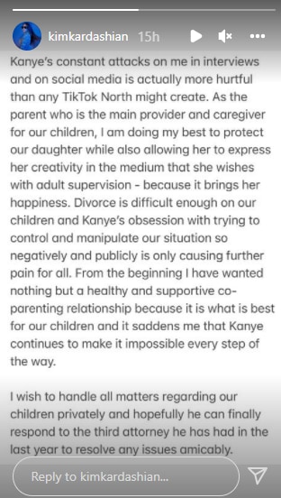 Kim Kardashian reacts to Kanye Wests statement.