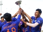 Indian team celebrate with the ICC U19 Men's World Cup Trophy after winning the ICC U19 Men's Cricket World Cup Final Indian team celebrate with the ICC U19 Men's World Cup Trophy after winning the ICC U19 Men's Cricket World Cup Final