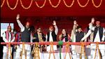 Samajwadi Party president Akhilesh Yadav at an election rally in Karhal for the UP polls. (PTI PHOTO)