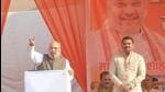 Union home minister Amit Shah at a public meeting for the UP polls in Baghpat on Sunday. (Ravindra Chauhan/HT Photo)