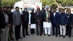 Congress candidate Balbir Singh Sidhu campaigning in Mohali on Sunday. (HT Photo)
