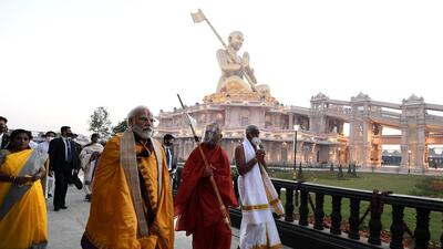 Prime Minister Narendra Modi unveiled the 216-feet tall Statue of Equality-- the statue of Sri Ramanujacharya-- at Muchintal, the ashram of Chinna Jeeyar Swamy, on the outskirts of Hyderabad on Saturday. (ANI Photo) Prime Minister Narendra Modi unveiled the 216-feet tall Statue of Equality-- the statue of Sri Ramanujacharya-- at Muchintal, the ashram of Chinna Jeeyar Swamy, on the outskirts of Hyderabad on Saturday. (ANI Photo)
