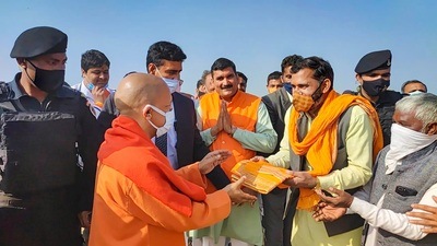 Chief minister Yogi Adityanath during an election campaign in support of Rajesh Chaudhary, BJP candidate from Mant Constituency for upcoming UP Assembly elections in Mathura on Sunday. (PTI) Chief minister Yogi Adityanath during an election campaign in support of Rajesh Chaudhary, BJP candidate from Mant Constituency for upcoming UP Assembly elections in Mathura on Sunday. (PTI)