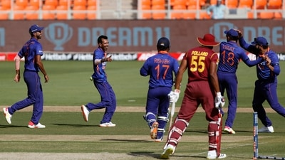 India's Yuzvendra Chahal celebrates the dismissal of West Indies Skipper Kieron Pollard during the first ODI match between India and West Indies, at Narendra Modi Stadium in Ahmedabad on Sunday. (ANI) India's Yuzvendra Chahal celebrates the dismissal of West Indies Skipper Kieron Pollard during the first ODI match between India and West Indies, at Narendra Modi Stadium in Ahmedabad on Sunday. (ANI)