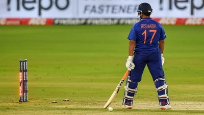 India's Rishabh Pant is run out Bduring the first ODI cricket match between India and West Indies, at the Narendra Modi Stadium, in Ahmedabad, Sunday, Feb 6, 2022. (PTI) India's Rishabh Pant is run out Bduring the first ODI cricket match between India and West Indies, at the Narendra Modi Stadium, in Ahmedabad, Sunday, Feb 6, 2022. (PTI)