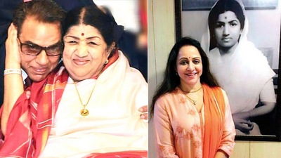 Dharmendra and Hema Malini mourn Lata Mangeshkar's death. Dharmendra and Hema Malini mourn Lata Mangeshkar's death.