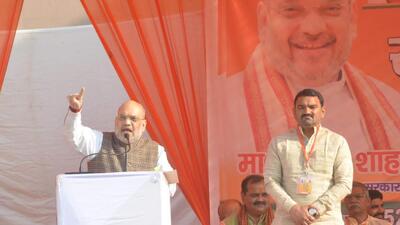 Union home minister Amit Shah at a public meeting for the UP polls in Baghpat on Sunday. (Ravindra Chauhan/HT Photo)