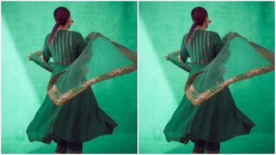 Styled by fashion stylist Radhika Mehra, Kirti wore her hair in clean ponytail and accessorised her ethnic look with golden jhumkas from the shelves of Maya Sanghavi Jewels. (Instagram/@iamkirtikulhari)