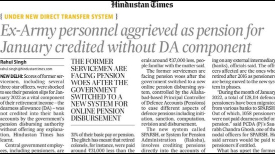 The development came two days after Hindustan Times highlighted that several veterans, including three-star officers, were not paid dearness relief (DR) --- a vital component of their retirement income --- for January 2022 due to the glitch in the system. (SCREENSHOT.)