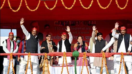 Samajwadi Party president Akhilesh Yadav at an election rally in Karhal for the UP polls. (PTI PHOTO)