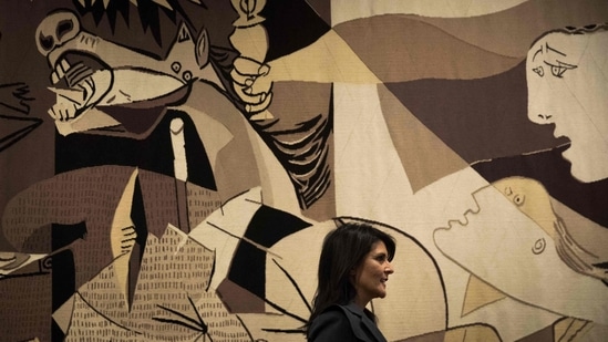 A vast tapestry representing Picasso's iconic "Guernica" has been returned by owners the Rockefeller family to its prominent place at the global body.(AFP) A vast tapestry representing Picasso's iconic "Guernica" has been returned by owners the Rockefeller family to its prominent place at the global body.(AFP)