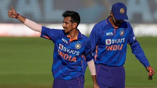 India's Yuzvendra Chahal, gestures during the first one day international cricket match against West Indies in Ahmedabad, India, Sunday, Feb. 6, 2022(AP)