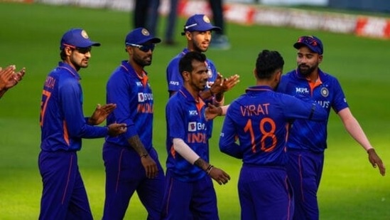 India's Yuzvendra Chahal, center is congratulated by teammates(AP) India's Yuzvendra Chahal, center is congratulated by teammates(AP)