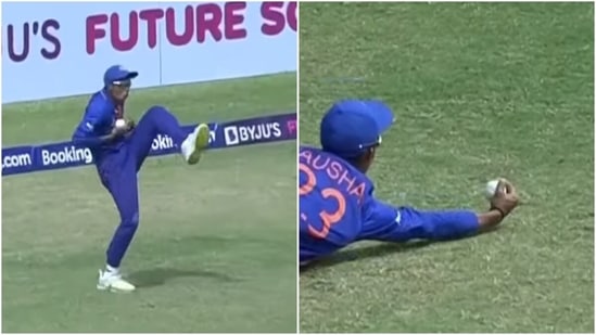 Kaushal Tambe grabs onto the ball to dismiss Rew. (ICC)