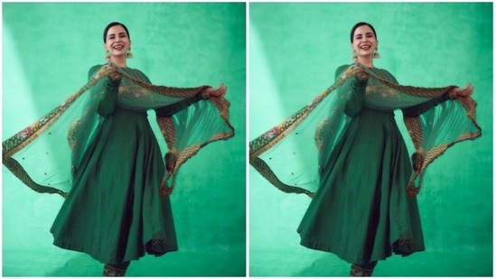 Kirti looked ravishing in a green anarkali salwar with full sleeves and golden resham thread details above the waist. She paired it with a green pair of satin trousers with intricate embroidery near the borders. Kirti completed her look with a satin green dupatta with gold and yellow zari details at the borders.(Instagram/@iamkirtikulhari)