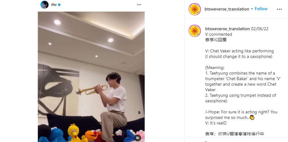 Bts V Says He S Playing Trumpet In Video After Confusing J Hope And Army Comes Up With New Name Chet Vaker Watch Hindustan Times