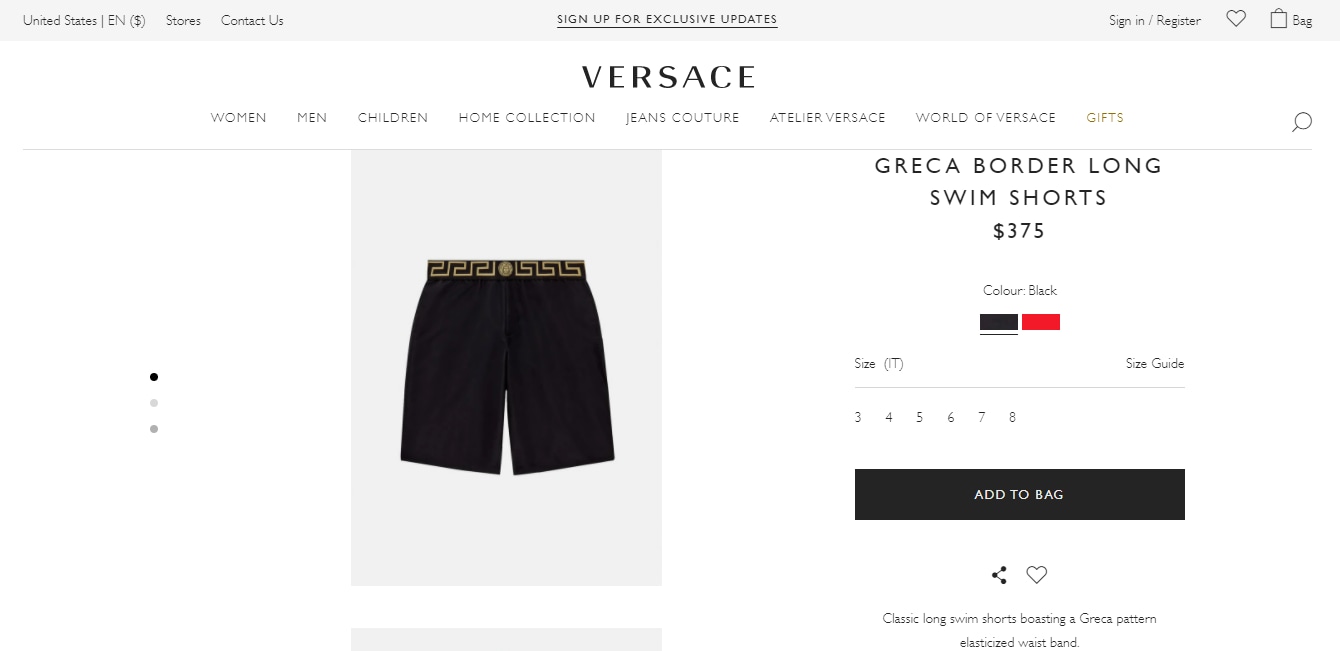 The Greca Border Long Swim Shorts.&nbsp; (versace.com)