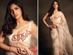 Bhumi Pednekar, who is known for her bold roles and effortless performances, is gearing up for the release of her upcoming film Badhaai Do which also stars Rajkummar Rao. For a recent promotional event, the actor donned a gorgeous ivory organza saree by the luxury designer label Abu Jani Sandeep Khosla. What stole the limelight was the special message embroidered in bold on her six yards.(Instagram/@bhumipednekar)