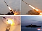 A combination image shows a missile test that state media KCNA says was conducted at undisclosed locations in North Korea.