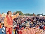 Uttar Pradesh Chief Minister Yogi Adityanath waves towards supporters during the inauguration of BJP's 'Jan Vishwas Yatra' in Mathura ahead of the 2022 UP elections.(PTI Photo) Uttar Pradesh Chief Minister Yogi Adityanath waves towards supporters during the inauguration of BJP's 'Jan Vishwas Yatra' in Mathura ahead of the 2022 UP elections.(PTI Photo)