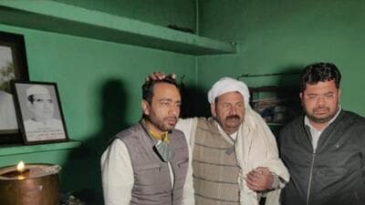 RLD leader Jayanath Chaudhary with BKU chief Naresh Tikait and his son Gaurav Tikait at Sisauli in Muzaffarnagar. (SOURCED IMAGE)
