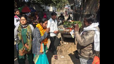 Congress candidate, Neha Tiwari, 28, campaigning in Nankari, a residential cluster in the Kalyanpur Assembly constituency. (Sourced)