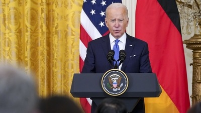 U.S. President Joe Biden speaks during a news conference with Olaf Scholz, Germany's chancellor, not pictured, in the East Room of the White House in Washington, D.C., U.S., on Monday, Feb. 7 2022. Biden met with Scholz to discuss the situation with Ukraine amid questions over Germany's resolve to stand firm against Russia. Photographer: Leigh Vogel/UPI/Bloomberg (Bloomberg) U.S. President Joe Biden speaks during a news conference with Olaf Scholz, Germany's chancellor, not pictured, in the East Room of the White House in Washington, D.C., U.S., on Monday, Feb. 7 2022. Biden met with Scholz to discuss the situation with Ukraine amid questions over Germany's resolve to stand firm against Russia. Photographer: Leigh Vogel/UPI/Bloomberg (Bloomberg)