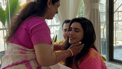 Karishma Tanna with her mother-in-law at her griha pravesh ceremony on Monday. Karishma Tanna with her mother-in-law at her griha pravesh ceremony on Monday.