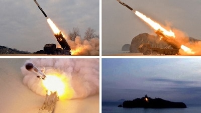 A combination image shows a missile test that state media KCNA says was conducted at undisclosed locations in North Korea. (via Reuters)
