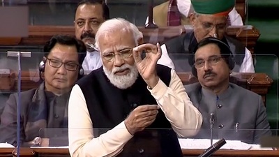 Prime Minister Narendra Modi speaks in the Lok Sabha during ongoing Budget Session of Parliament, in New Delhi (Sansad TV via PTI) Prime Minister Narendra Modi speaks in the Lok Sabha during ongoing Budget Session of Parliament, in New Delhi (Sansad TV via PTI)