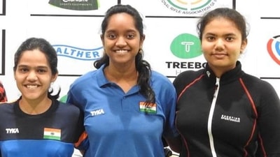 File Photo of Indian shooter Shreya Agrawal (left). (HT PHOTO)