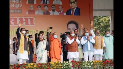 Chief minister Yogi Adityanath with BJP leaders during a public meeting, ahead of the Uttar Pradesh Assembly elections, in Meerut on Monday. He was on an election campaign in Bijnor, Muzaffarnagar and Meerut on Monday. (Agency) Chief minister Yogi Adityanath with BJP leaders during a public meeting, ahead of the Uttar Pradesh Assembly elections, in Meerut on Monday. He was on an election campaign in Bijnor, Muzaffarnagar and Meerut on Monday. (Agency)