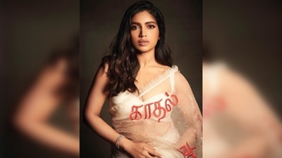 'Love' written in a different language can be seen printed all over Bhumi Pednekar's saree. Her outfit matched the theme of her upcoming film Badhaai Do which is about a gay man and a lesbian marrying each other to appease their parents. (Instagram/@bhumipednekar) 'Love' written in a different language can be seen printed all over Bhumi Pednekar's saree. Her outfit matched the theme of her upcoming film Badhaai Do which is about a gay man and a lesbian marrying each other to appease their parents. (Instagram/@bhumipednekar)